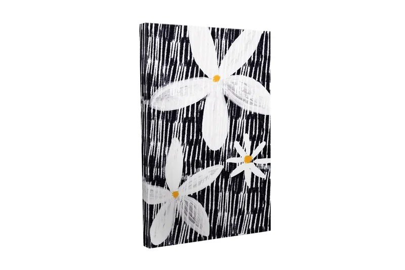 Canvastavla - Blommor i vitt och gult mot en svart bakgrund, Vit / Svart / Gul