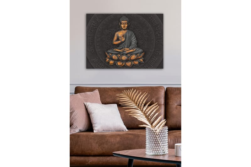Canvastavla - Buddha i meditationsställning på en lotusblomma - Grå / Orange / Svart - Inredning - Tavlor & posters - Canvastavla