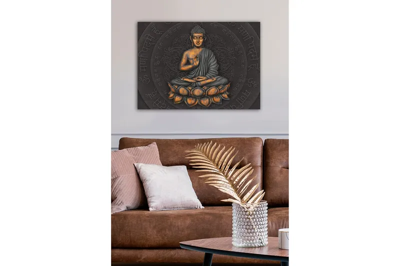 Canvastavla - Buddha i meditationsställning på en lotusblomma - Grå / Orange / Svart - Inredning - Tavlor & posters - Canvastavla