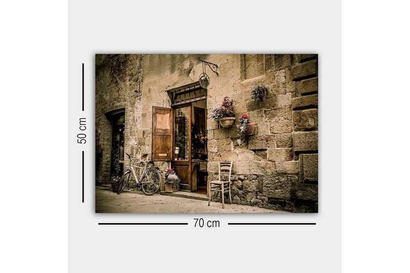 Canvastavla - Charmig gatumiljö med en cykel och en öppen dörr till en butik - Beige / Brunt / Grönt - Inredning - Tavlor & posters - Canvastavla