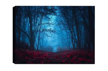 Canvastavla - Dimig skog med rödaktiga löv i en mystisk atmosfär - Mörkblå / Röd - Inredning - Tavlor & posters - Canvastavla