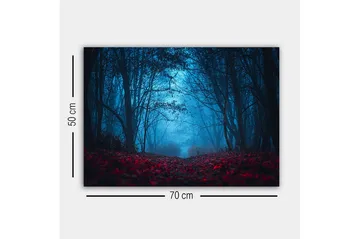 Canvastavla - Dimig skog med rödaktiga löv i en mystisk atmosfär - Mörkblå / Röd - Inredning - Tavlor & posters - Canvastavla