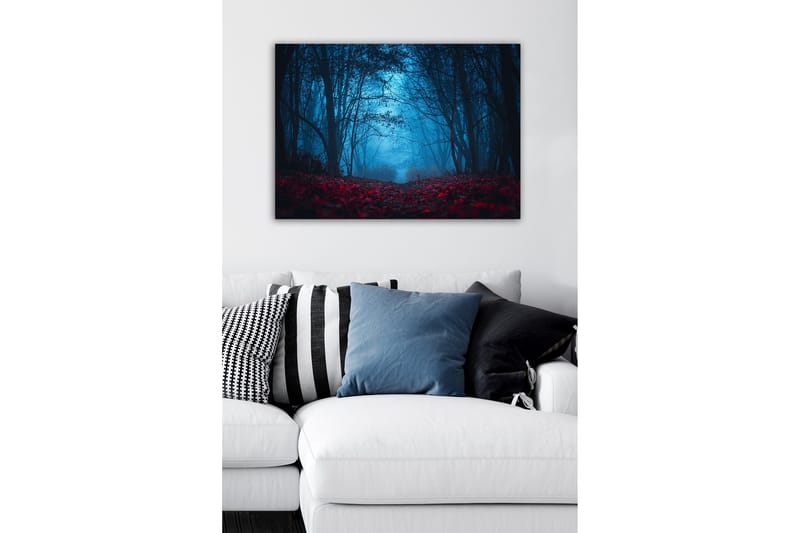 Canvastavla - Dimig skog med rödaktiga löv i en mystisk atmosfär - Mörkblå / Röd - Inredning - Tavlor & posters - Canvastavla