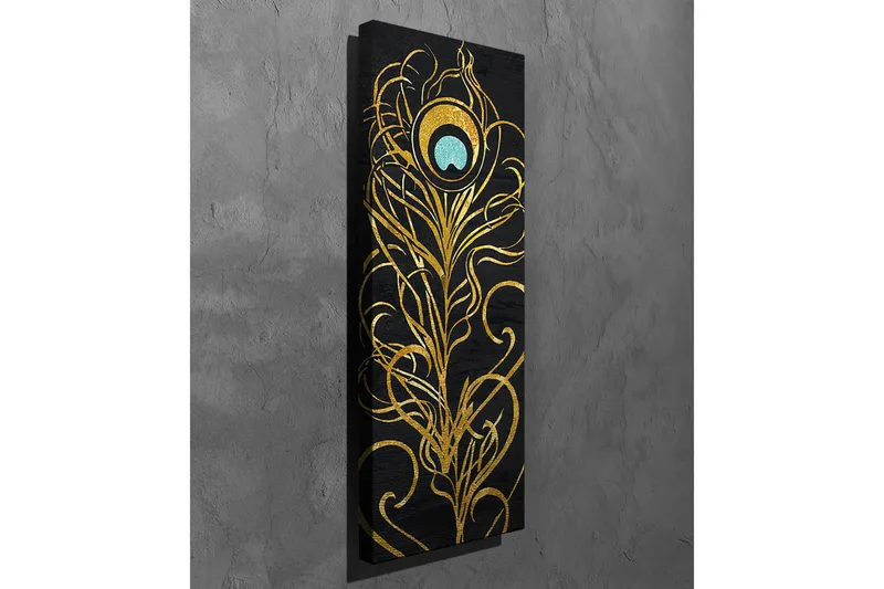Canvastavla - Elegant fjäderdesign i guld och turkos - Guld / Turkos / Svart - Inredning - Tavlor & posters - Canvastavla