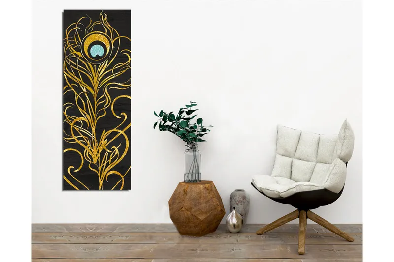 Canvastavla - Elegant fjäderdesign i guld och turkos - Guld / Turkos / Svart - Inredning - Tavlor & posters - Canvastavla