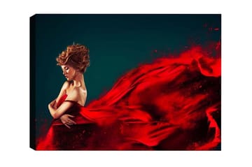 Canvastavla - Elegant kvinna i röd klänning med flödande tyg - Röd / Mörkblå - Inredning - Tavlor & posters - Canvastavla