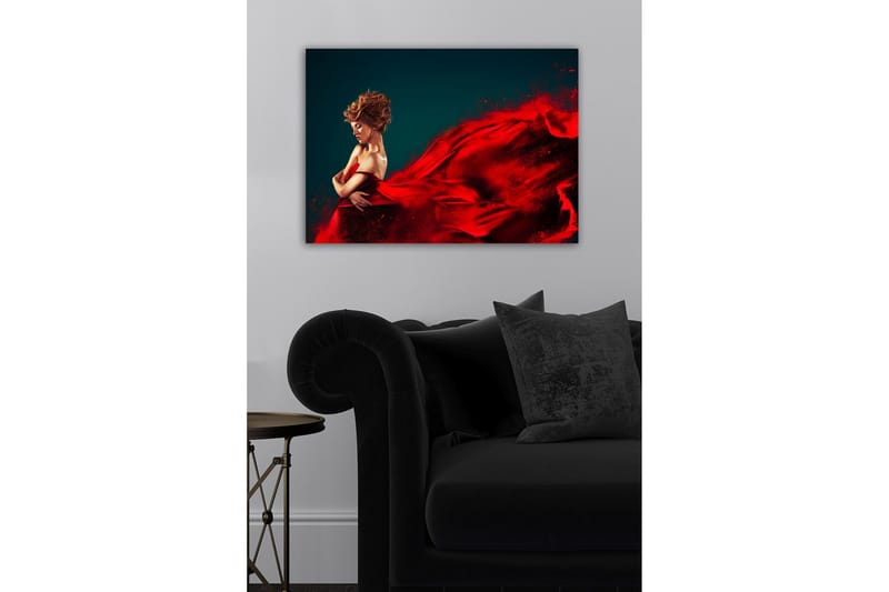 Canvastavla - Elegant kvinna i röd klänning med flödande tyg - Röd / Mörkblå - Inredning - Tavlor & posters - Canvastavla