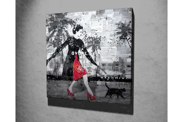 Canvastavla - Elegant kvinna i röd klänning med svart katt i en urban miljö - Röd / Svart / Grå - Inredning - Tavlor & posters - Canvastavla