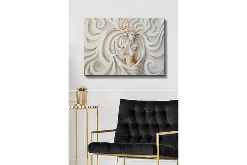 Canvastavla - Elegant kvinna omgiven av svepande, abstrakta former - Vit / Beige / Guld - Inredning - Tavlor & posters - Canvastavla