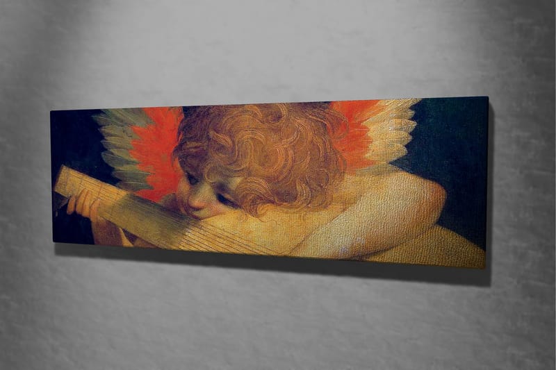 Canvastavla - Engel som spelar på en luta med färgglada fjädrar i bakgrunden - Röd / Orange / Hudton - Inredning - Tavlor & posters - Canvastavla
