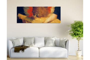 Canvastavla - Engel som spelar på en luta med färgglada fjädrar i bakgrunden - Röd / Orange / Hudton - Inredning - Tavlor & posters - Canvastavla