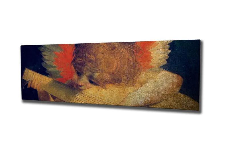 Canvastavla - Engel som spelar på en luta med färgglada fjädrar i bakgrunden, Röd / Orange / Hudton