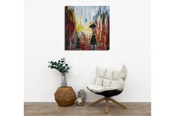 Canvastavla - Ensam figur med paraply i en regnig stadsmiljö - Röd / Svart / Gul - Inredning - Tavlor & posters - Canvastavla