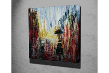Canvastavla - Ensam figur med paraply i en regnig stadsmiljö - Röd / Svart / Gul - Inredning - Tavlor & posters - Canvastavla