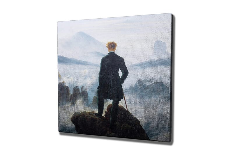 Canvastavla - Ensam man på en klippa som blickar ut över ett dimmigt landskap - Mörkgrön / Grå / Blå - Inredning - Tavlor & posters - Canvastavla