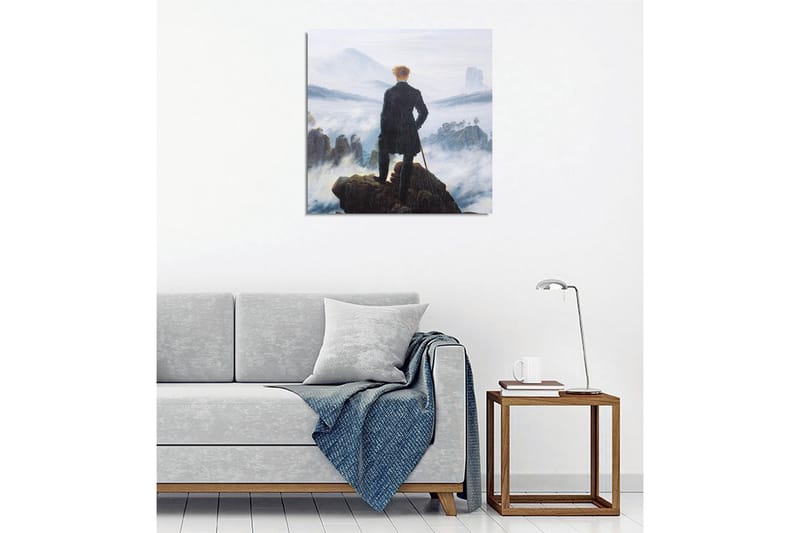Canvastavla - Ensam man på en klippa som blickar ut över ett dimmigt landskap - Mörkgrön / Grå / Blå - Inredning - Tavlor & posters - Canvastavla