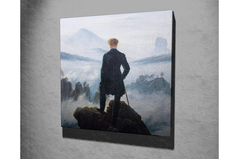 Canvastavla - Ensam man på en klippa som blickar ut över ett dimmigt landskap - Mörkgrön / Grå / Blå - Inredning - Tavlor & posters - Canvastavla
