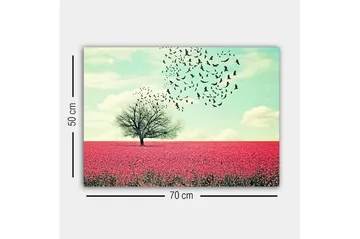 Canvastavla - Ensam trädkrona i en blomstrande fält av rosa blommor - Rosa / Himmelsblå / Svart - Inredning - Tavlor & posters - Canvastavla