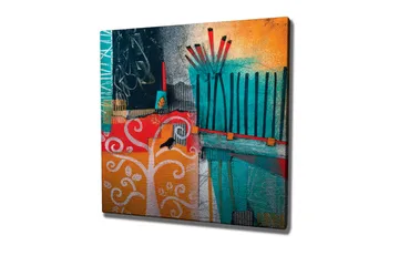 Canvastavla - Färgglad abstrakt komposition med träd och geometriska former - Turkos / Orange / Röd - Inredning - Tavlor & posters - Canvastavla