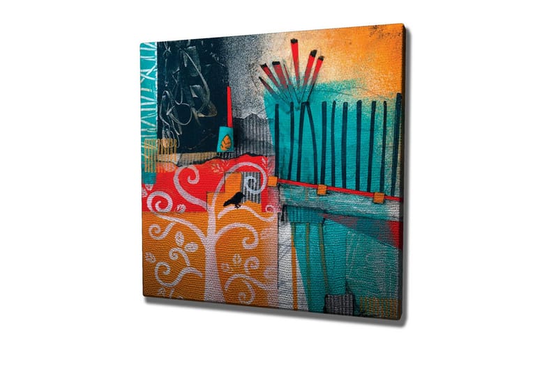 Canvastavla - Färgglad abstrakt komposition med träd och geometriska former, Turkos / Orange / Röd