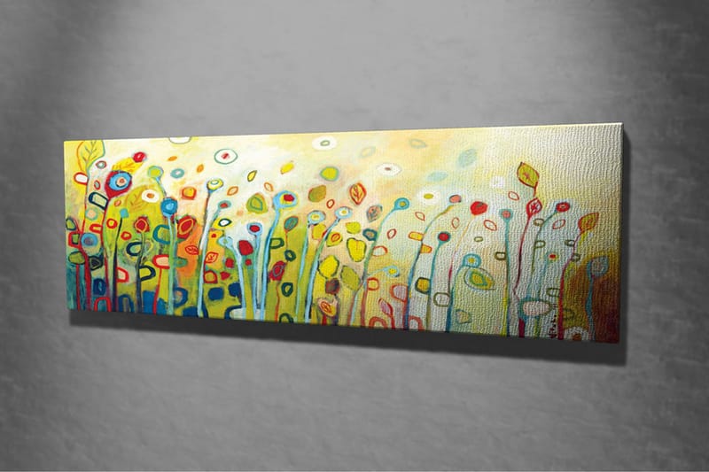 Canvastavla - Färgglad blomsteräng med stiliserade blommor och blad - Grön / Röd / Gul - Inredning - Tavlor & posters - Canvastavla