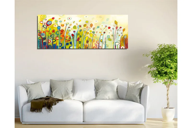 Canvastavla - Färgglad blomsteräng med stiliserade blommor och blad - Grön / Röd / Gul - Inredning - Tavlor & posters - Canvastavla