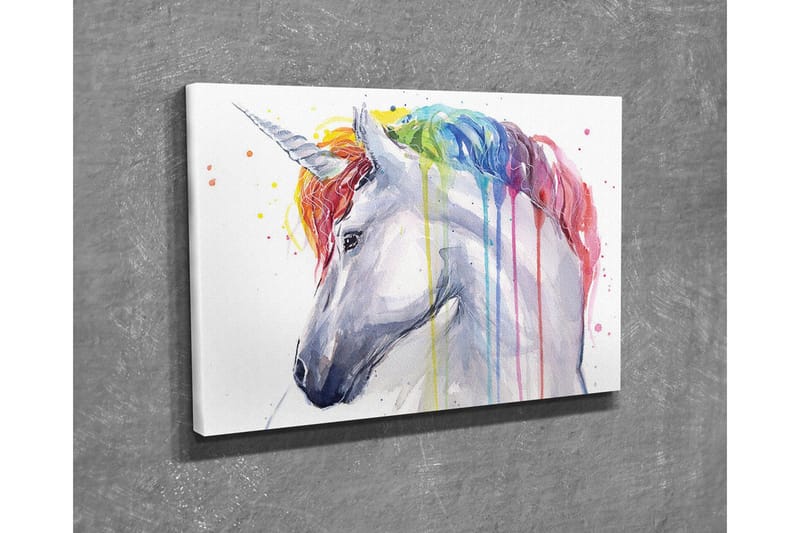 Canvastavla - Färgglad enhörning med regnbågsfärgad man och droppande färg - Vit / Regnbåge (röd / Orange - Inredning - Tavlor & posters - Canvastavla