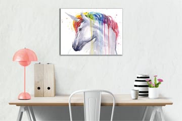 Canvastavla - Färgglad enhörning med regnbågsfärgad man och droppande färg - Vit / Regnbåge (röd / Orange - Inredning - Tavlor & posters - Canvastavla