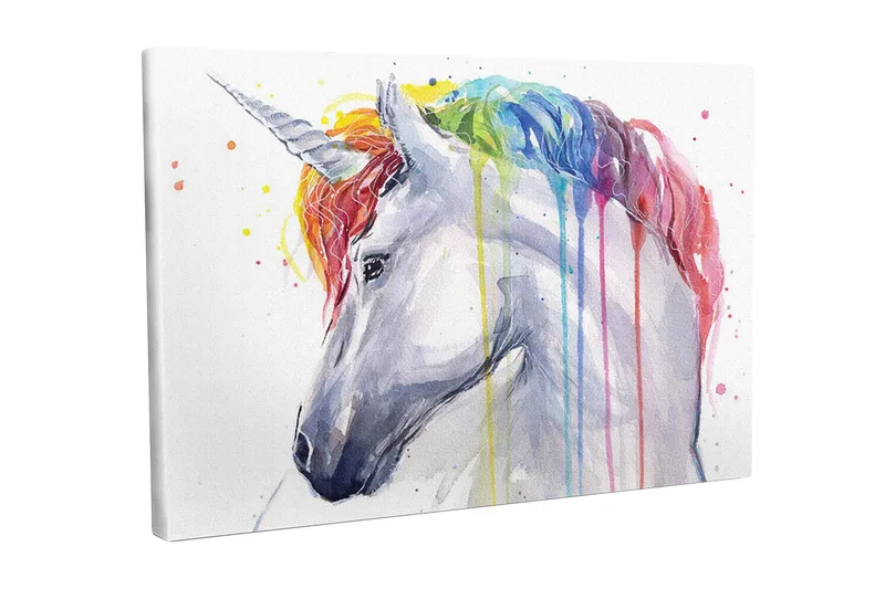 Canvastavla - Färgglad enhörning med regnbågsfärgad man och droppande färg, Vit / Regnbåge (röd / Orange