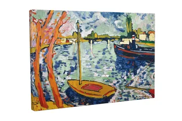 Canvastavla - Färgglad hamn med segelbåtar och träd i förgrunden - Blå / Orange / Grön - Inredning - Tavlor & posters - Canvastavla