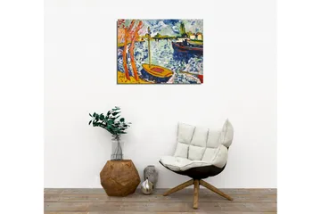 Canvastavla - Färgglad hamn med segelbåtar och träd i förgrunden - Blå / Orange / Grön - Inredning - Tavlor & posters - Canvastavla