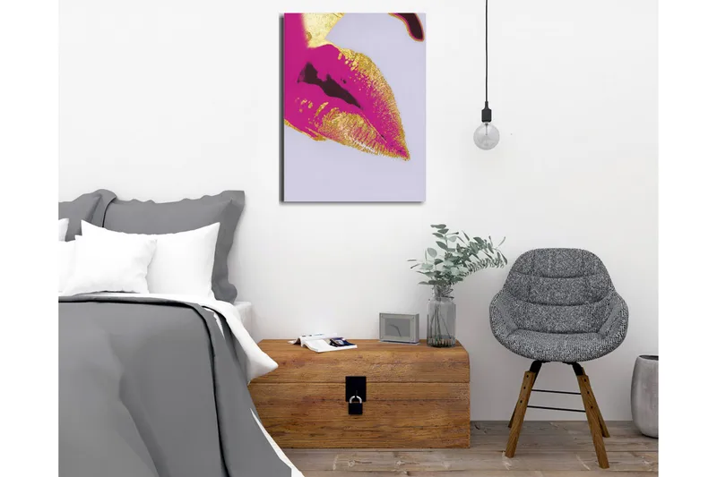 Canvastavla - Färgglad läppavtryck med guldiga detaljer - Rosa / Guld - Inredning - Tavlor & posters - Canvastavla