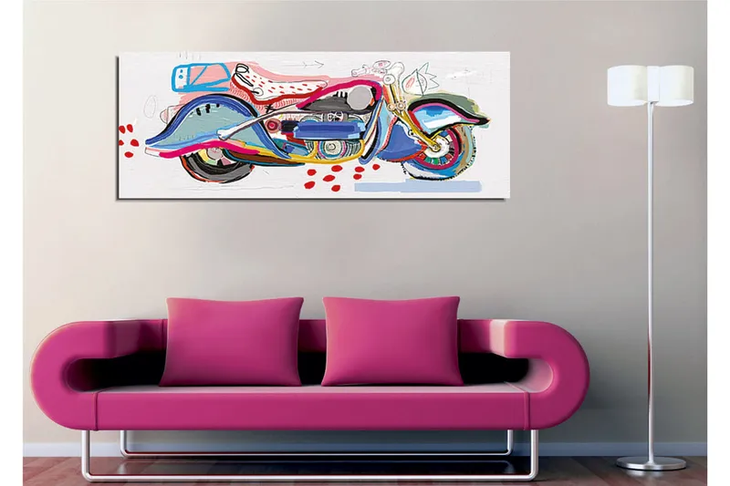 Canvastavla - Färgglad motorcykel i en lekfull stil - Blå / Rosa / Röd - Inredning - Tavlor & posters - Canvastavla