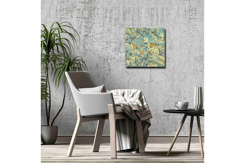 Canvastavla - Färgglad och detaljerad mönsterdesign med blommor och svängda former - Ljusblå / Beige / Orange - Inredning - Tavlor & posters - Canvastavla