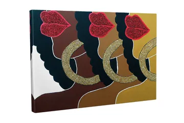 Canvastavla - Färgglad sammansättning av ansikten med glittrande läppar och stora örhängen - Mörkbrun / Guld / Röd - Inredning - Tavlor & posters - Canvastavla
