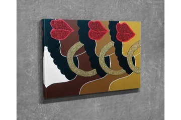 Canvastavla - Färgglad sammansättning av ansikten med glittrande läppar och stora örhängen - Mörkbrun / Guld / Röd - Inredning - Tavlor & posters - Canvastavla