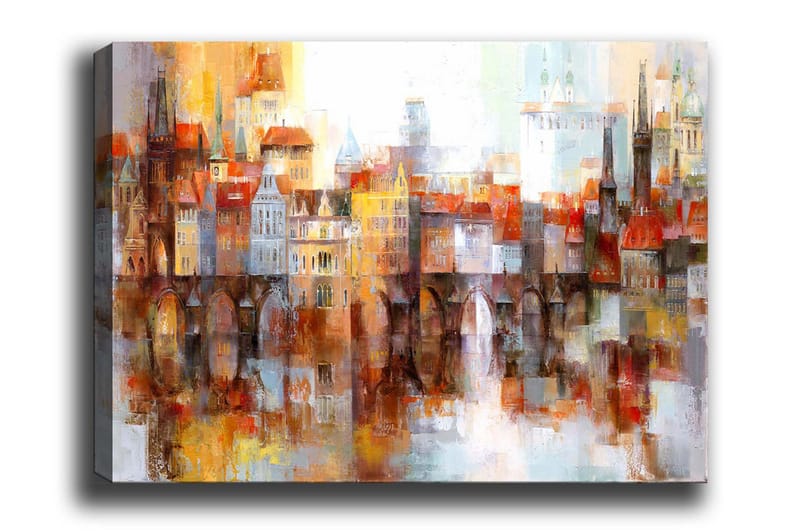 Canvastavla - Färgglad stadsbild med historiska byggnader och broar, Orange / Blå / Beige