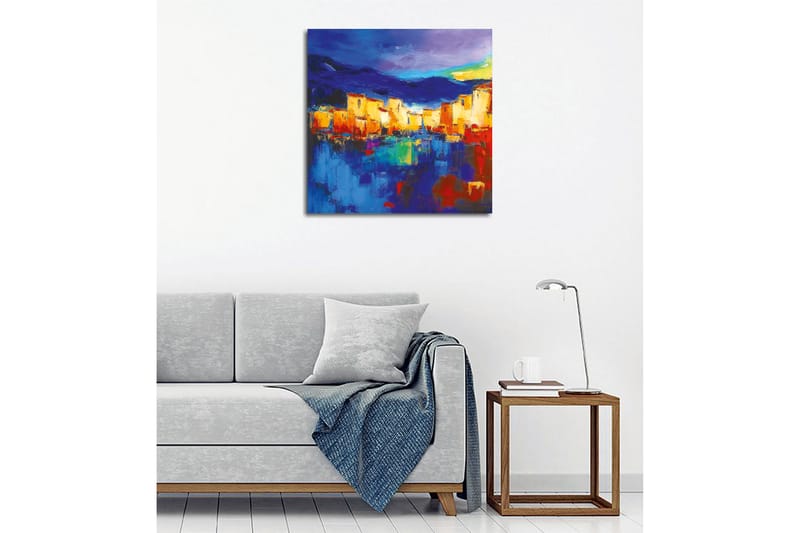 Canvastavla - Färgglad stadsbild vid vattnet med reflektioner - Blå / Orange / Gul - Inredning - Tavlor & posters - Canvastavla