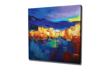 Canvastavla - Färgglad stadsbild vid vattnet med reflektioner - Blå / Orange / Gul - Inredning - Tavlor & posters - Canvastavla