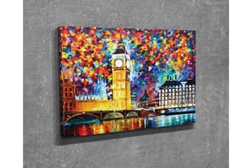 Canvastavla - Färgglad stadssiluett med Big Ben och floden Themsen - Guld / Blå / Röd - Inredning - Tavlor & posters - Canvastavla