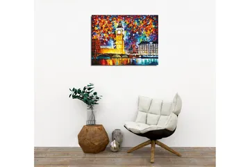 Canvastavla - Färgglad stadssiluett med Big Ben och floden Themsen - Guld / Blå / Röd - Inredning - Tavlor & posters - Canvastavla