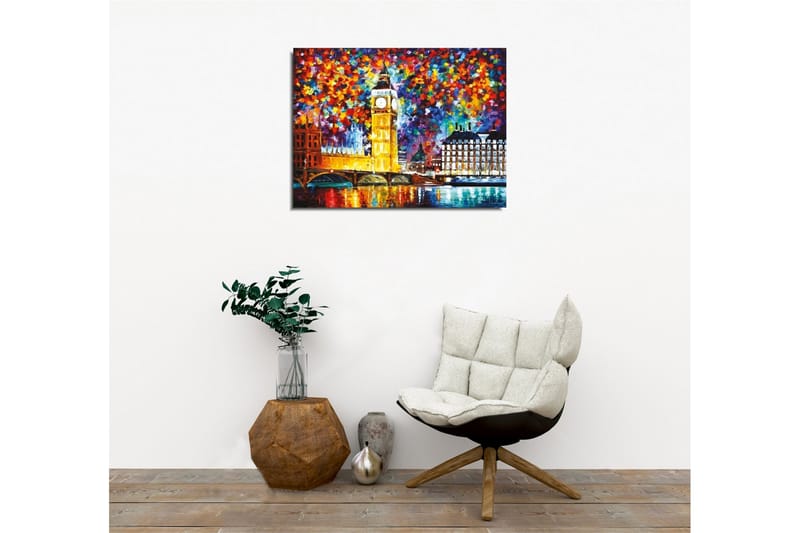 Canvastavla - Färgglad stadssiluett med Big Ben och floden Themsen - Guld / Blå / Röd - Inredning - Tavlor & posters - Canvastavla