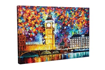 Canvastavla - Färgglad stadssiluett med Big Ben och floden Themsen - Guld / Blå / Röd - Inredning - Tavlor & posters - Canvastavla