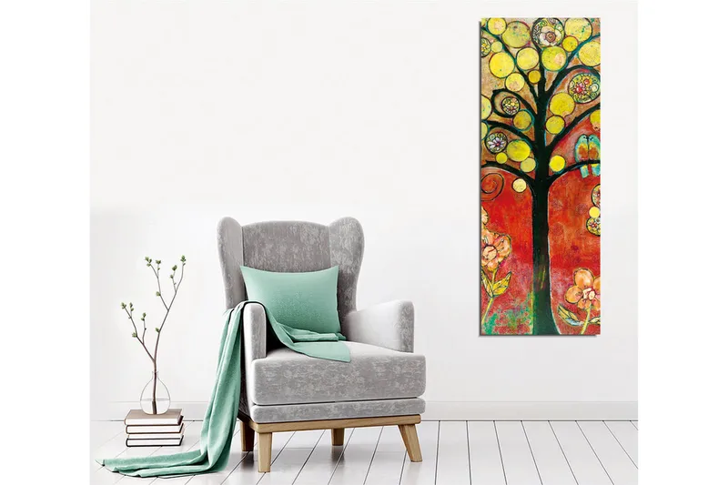 Canvastavla - Färgglad trädkonstellation med fåglar och blommor - Gult / Rött / Grönt - Inredning - Tavlor & posters - Canvastavla