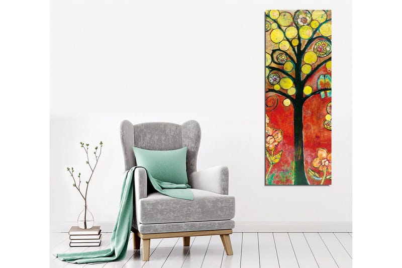 Canvastavla - Färgglad trädkonstellation med fåglar och blommor - Gult / Rött / Grönt - Inredning - Tavlor & posters - Canvastavla