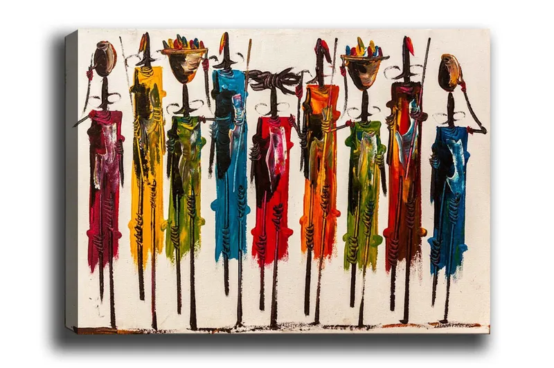 Canvastavla - Färgglada figurer med traditionella kläder och föremål, Röd / Grön / Gul