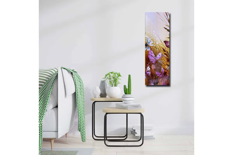 Canvastavla - Färgglada fjärilar i en abstrakt naturmiljö - Lila / Guld / Blå - Inredning - Tavlor & posters - Canvastavla