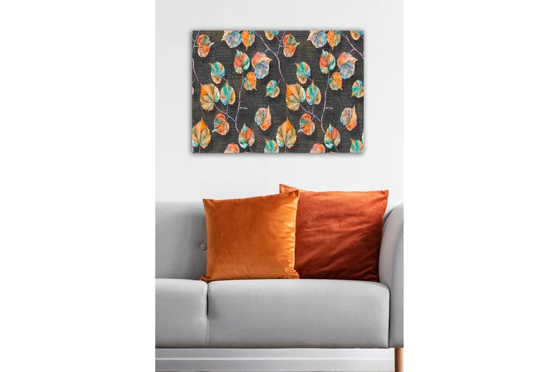 Canvastavla - Färgglada löv mot en mörk bakgrund - Grön / Orange / Blå - Inredning - Tavlor & posters - Canvastavla