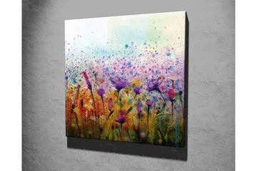 Canvastavla - Färgrik blomsteräng med fåglar i rörelse - Lila / Gult / Grönt - Inredning - Tavlor & posters - Canvastavla