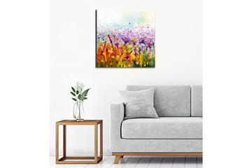 Canvastavla - Färgrik blomsteräng med fåglar i rörelse - Lila / Gult / Grönt - Inredning - Tavlor & posters - Canvastavla